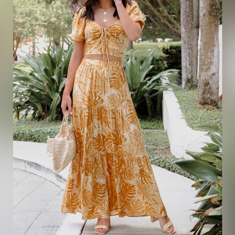 Sunset Leaf Tiered Maxi Skirt - Mustard